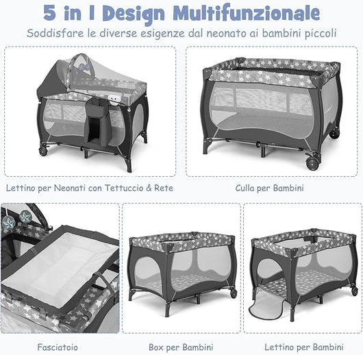 5 in 1 Lettino da Campeggio con Materasso, Lettino Neonato da Viaggio Pieghevole, Box Bambini Portatile con Borsa, Zanzariera, per Bambini 0-36 Mesi (Stella Grigia)