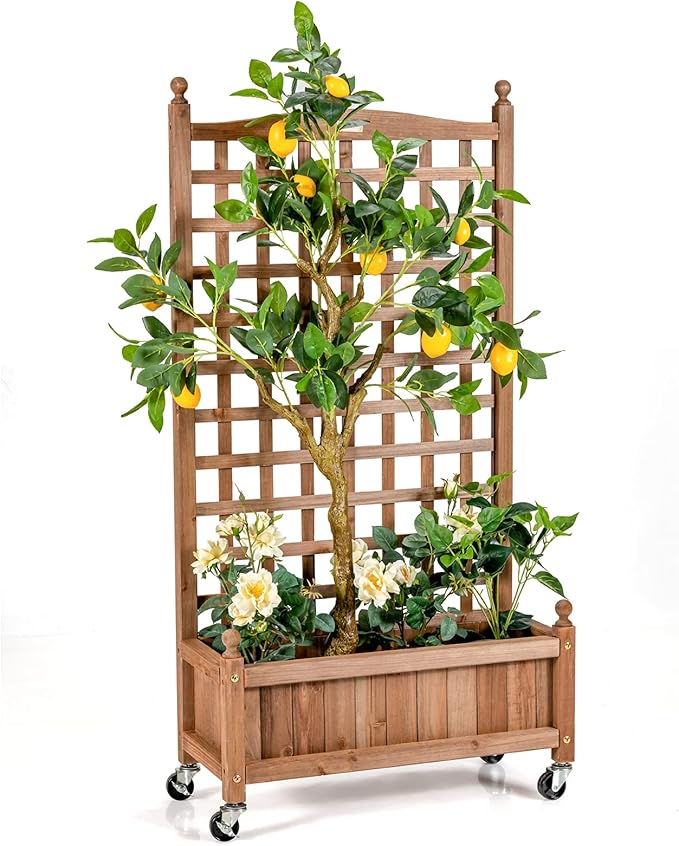 Fioriera in Legno Massiccio con Traliccio, Letto per Piante Rampicanti con Grigliato, Ruote Bloccabili e Foro di Drenaggio, Fioriera da Giardino, Terrazza e Cortile