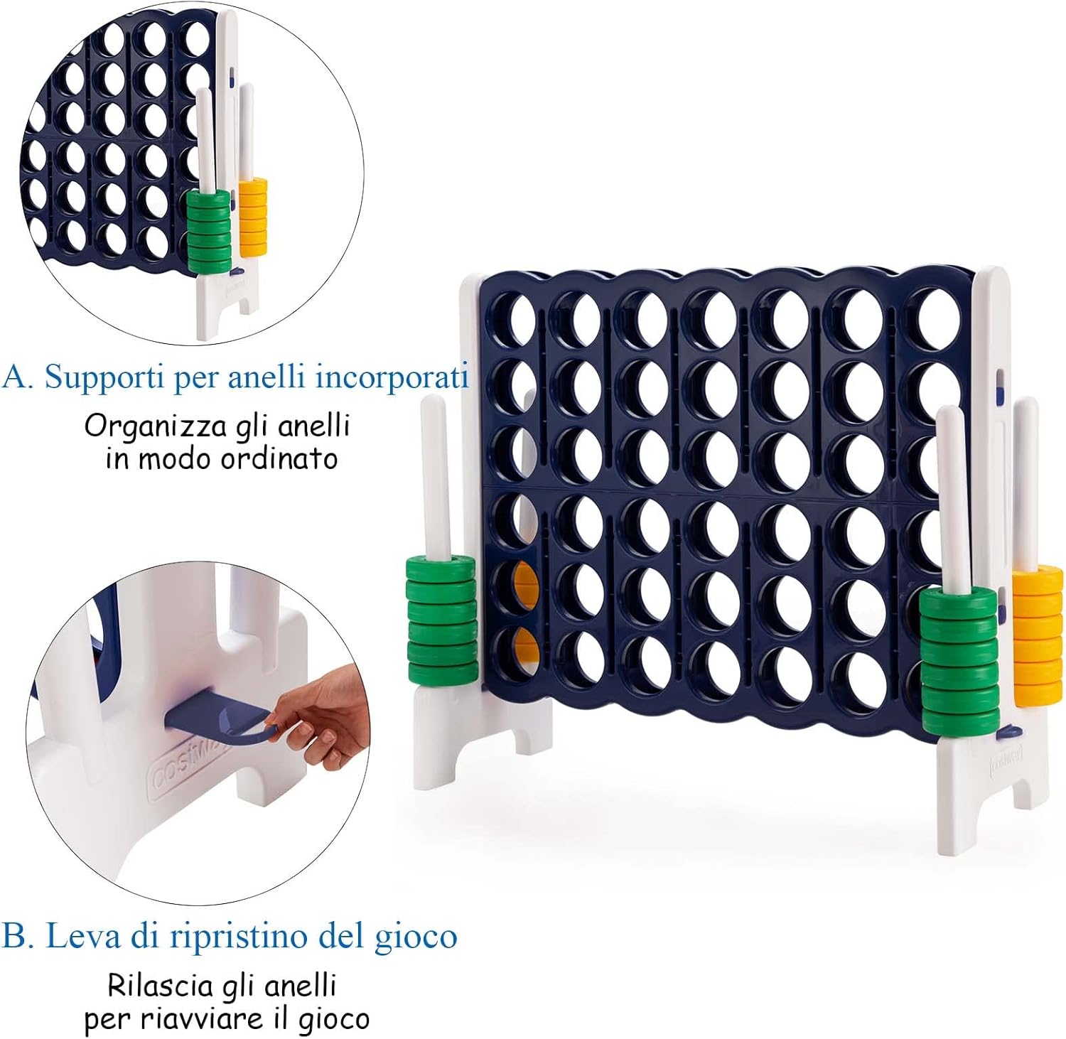 Forza 4 Gigante da 104 cm per Bambini e Adulti, Set Forza 4 per Interni ed Esterni con 42 Anelli Giganti e Dispositivo di Scorrimento a Sgancio Rapido, Perfetto per Feste e Vacanze, Blu