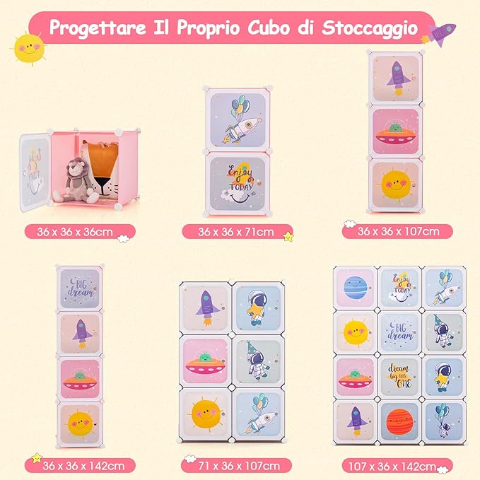 Portatile Guardaroba per Bambini, Armadio Guardaroba Modulare per Bambini con 2 Barre Appendiabiti, per Cameretta Camera da Letto, 107 x 36 x 142 cm (Rosa)