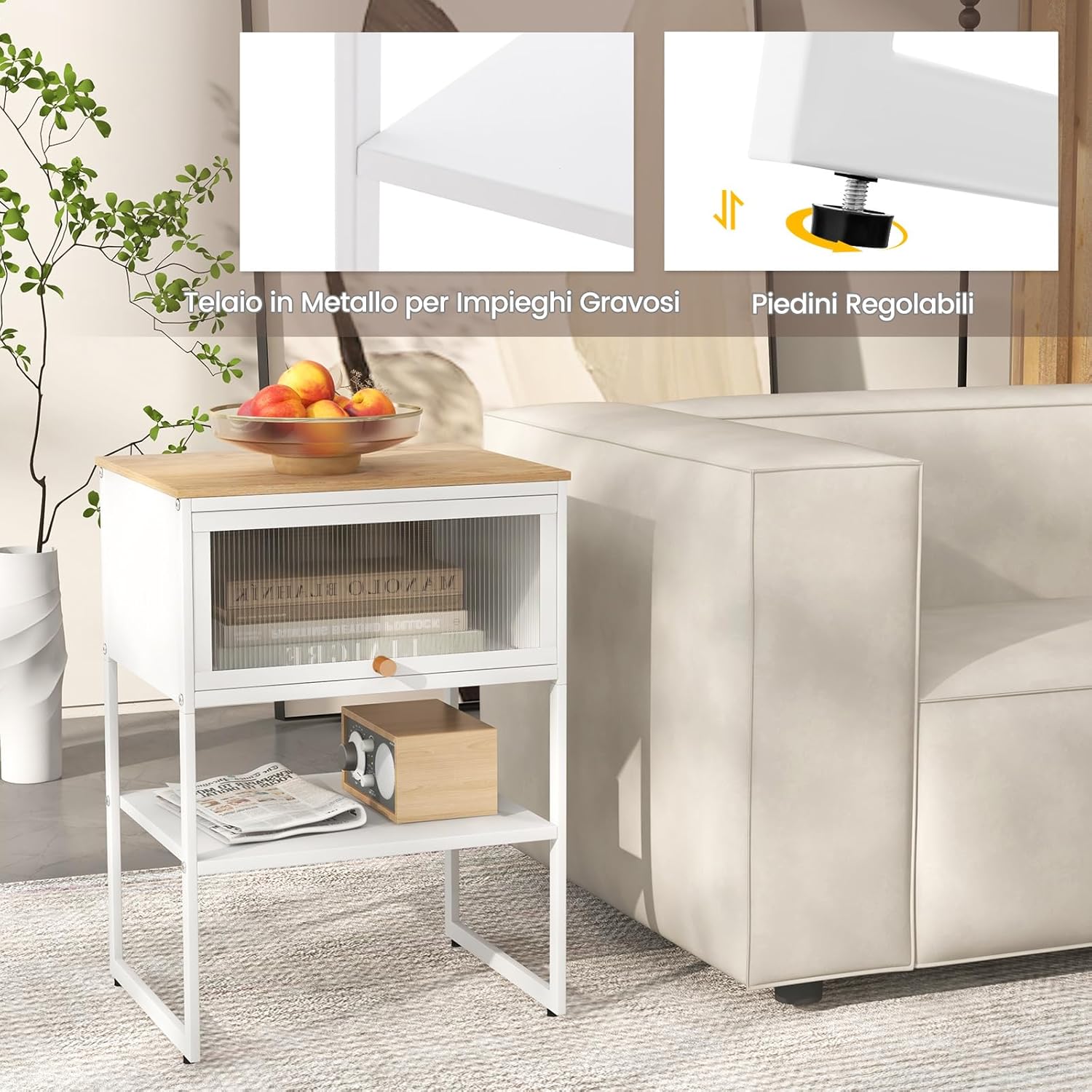 Tavolino con Anta a Ribalta, Tavolino da Divano o Letto a 3 Livelli con Ripiano di Archiviazione, Comodino Moderno per Soggiorno e Camera da Letto, 40 x 32 x 56 cm (Bianco)