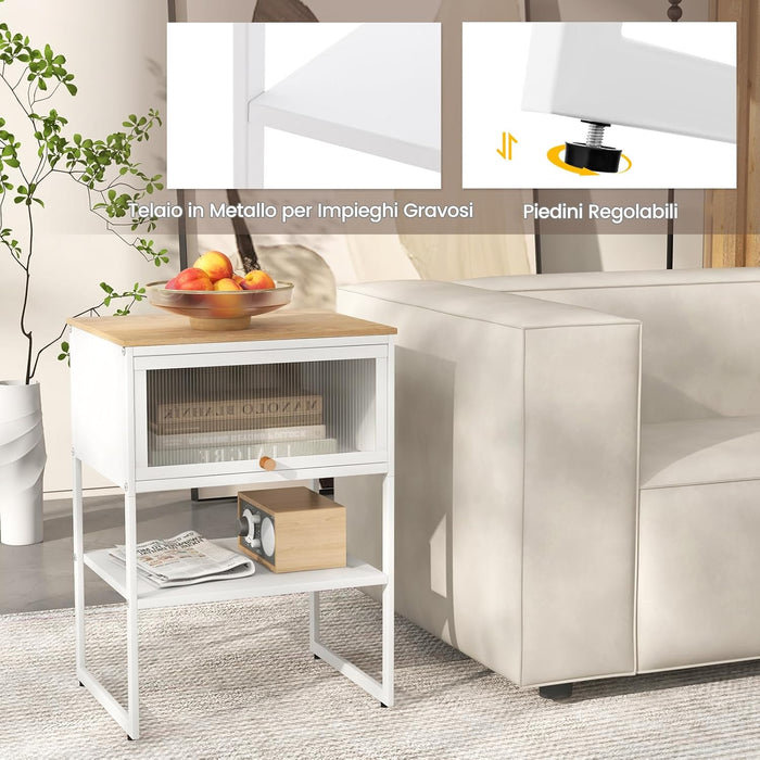 Tavolino con Anta a Ribalta, Tavolino da Divano o Letto a 3 Livelli con Ripiano di Archiviazione, Comodino Moderno per Soggiorno e Camera da Letto, 40 x 32 x 56 cm (Bianco)