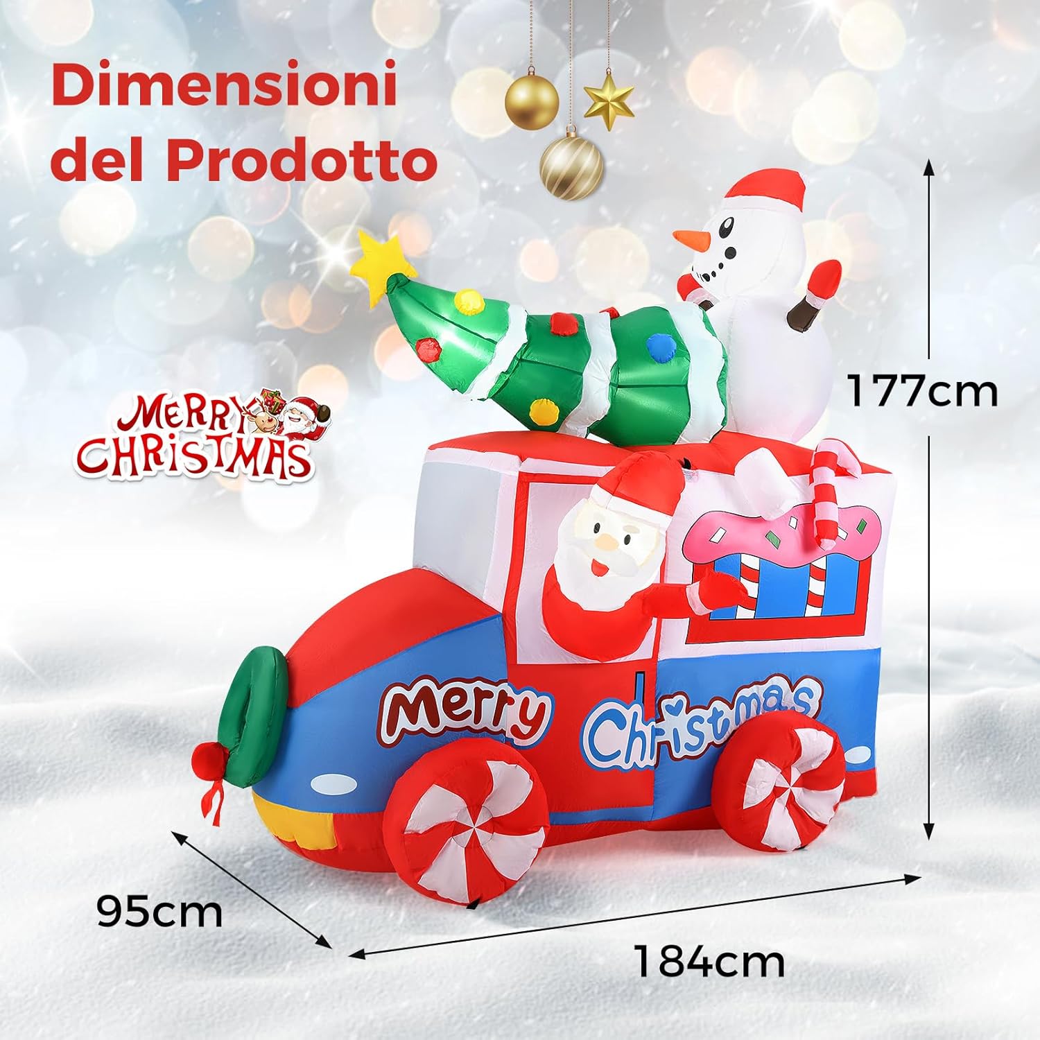 Babbo Natale Gonfiabile con Auto 177 cm, Decorazione Gonfiabile Natalizia con Babbo Natale, Pupazzo di Neve e Albero di Natale, 5 Luci LED Interne e Ventola Integrata