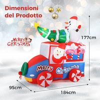 Babbo Natale Gonfiabile con Auto 177 cm, Decorazione Gonfiabile Natalizia con Babbo Natale, Pupazzo di Neve e Albero di Natale, 5 Luci LED Interne e Ventola Integrata