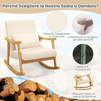Sedia a Dondolo, Sedia Ergonomica Relax con Schienale Alto e Cuscino Seduta Imbottito, Struttura in Legno di Gomma Naturale e Cuscino Lombare Morbino, Poltrona Moderno per Soggiorno (Beige)