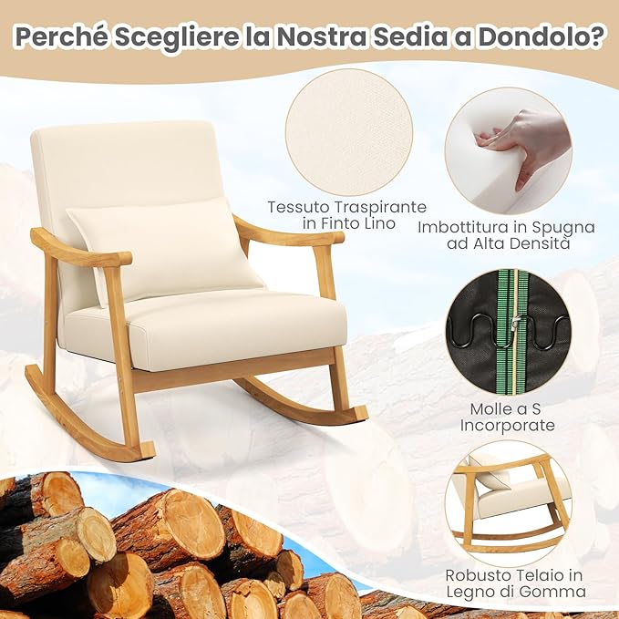 Sedia a Dondolo, Sedia Ergonomica Relax con Schienale Alto e Cuscino Seduta Imbottito, Struttura in Legno di Gomma Naturale e Cuscino Lombare Morbino, Poltrona Moderno per Soggiorno (Beige)