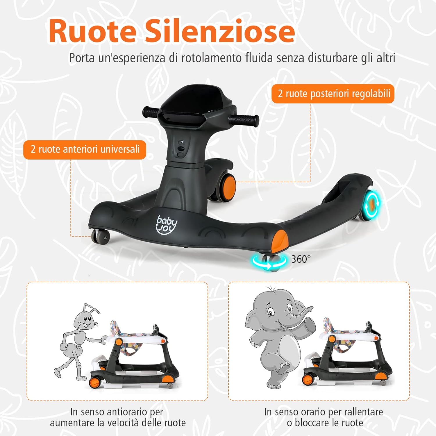 Girello per bambini 2 in 1, Girello con Altezza e Velocità Regolabili, Carillon con Luci e Cuscino Comodo, Primi Passi per Bambini 6-18 Mesi, Capacità di carico: 15 kg (Nero)