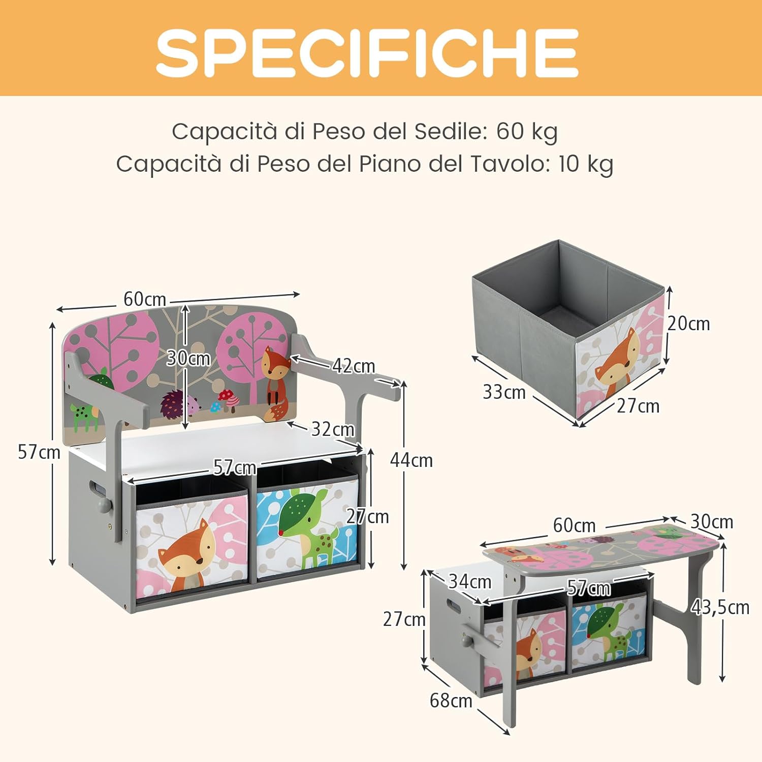 Cassapanca Contenitore 3 in 1 per Bambini Trasformabile in Legno con 2 Cassetti in Tessuto, Tavolo bambini con Sedie Multifunzione, Scatola dei Giocattoli per 3-7 Anni (Grigio)