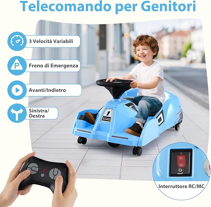 Go Kart Elettrico per Bambini, 12V Macchina Elettrica con Telecomando 3 Velocità Clacson Musica, 2-4 km/h, Regalo per Bambini 2-5 Anni (Blu)