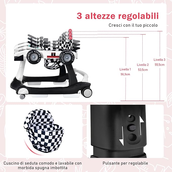 Girello per Bambini 4 in 1, Girello Pieghevole con Altezza e Velocità Regolabili, Carillon con Luci, Volante, Primi Passi per Bambini 6-18 Mesi, Portata 15 kg (Bianco)