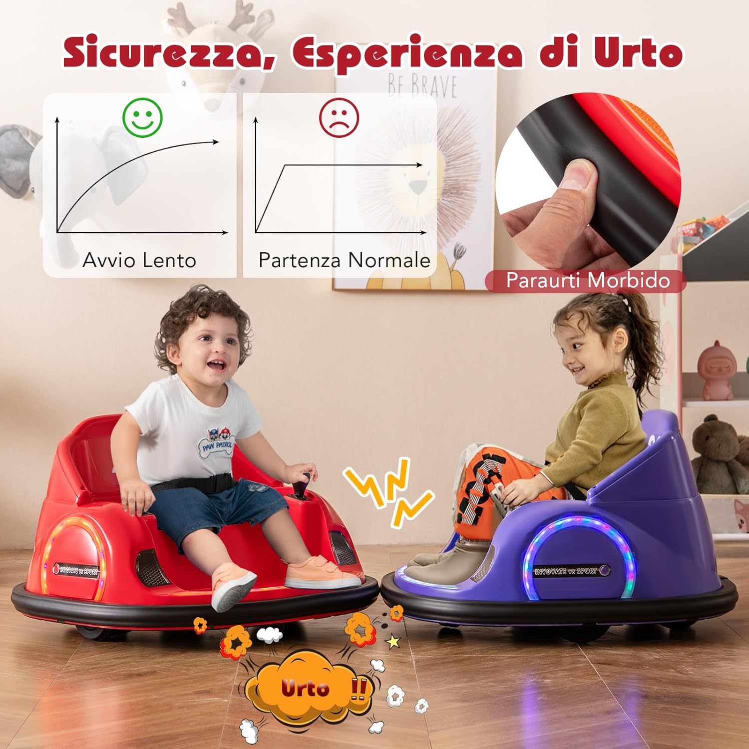 Autoscontro Elettrico per Bambini, Macchina Elettrica per Bambini con Luci LED, Connessione Wireless, Musica Giro a 360°, Macchina Cavalcabile per Bambini dai 18+ Mesi (Rosso)