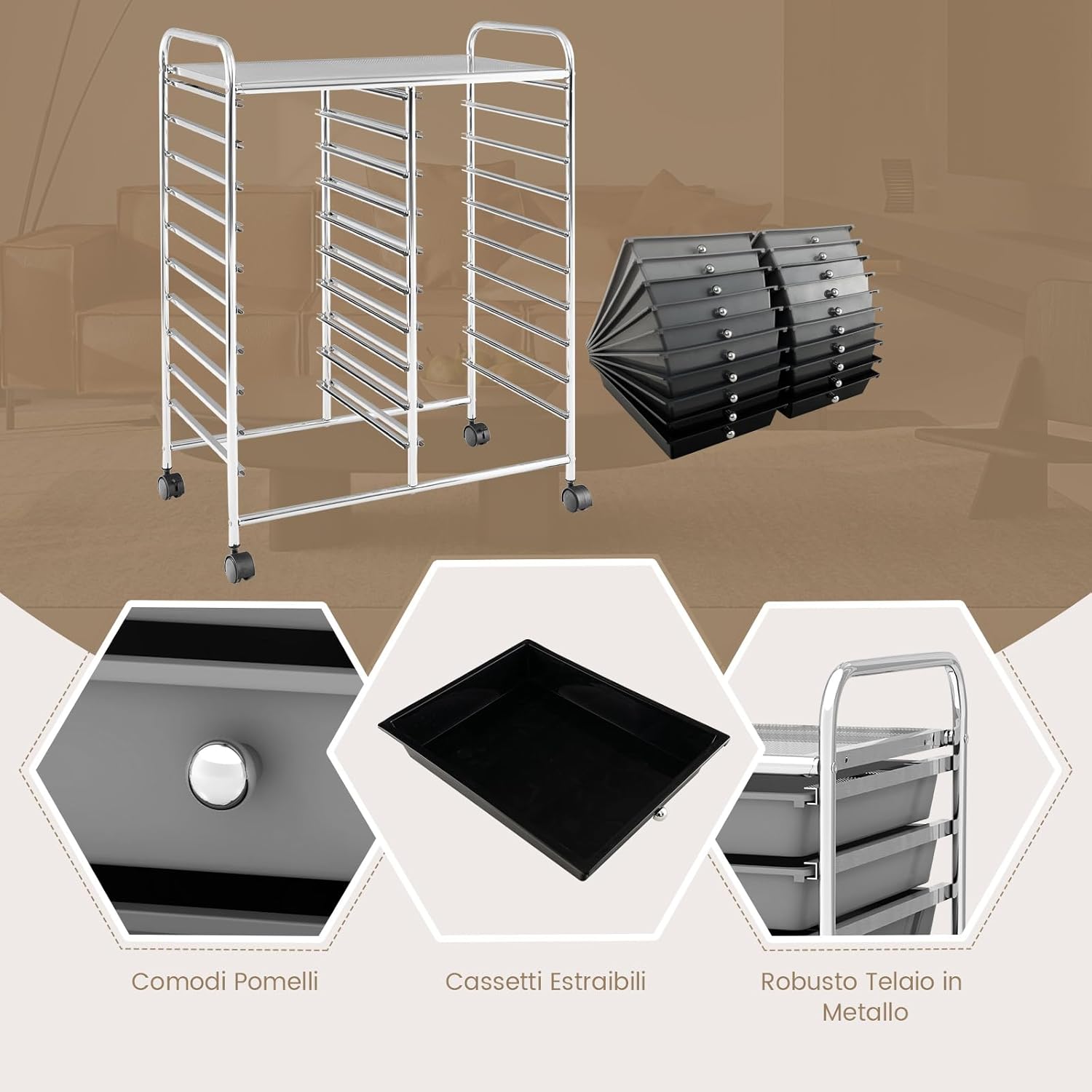 Carrello di Stoccaggio con 20 Cassetti, Carrello portaoggetti con 4 Ruote, Carrello Multiuso per Scuola Ufficio Cucina, 64 x 39 x 88 cm (Nero sfumato)