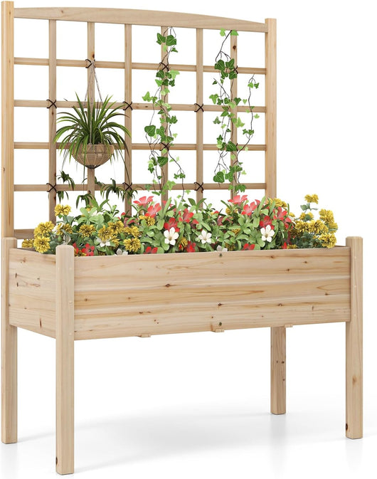 Letto da Giardino Elevato con Traliccio per Rampicanti, Fori di Drenaggio, Fioriera Rialzata in Legno con Grigliato e Piedi per Rampicanti, Fiori, Erbe, Verdure, Frutta, Balcone, Carico 80 kg