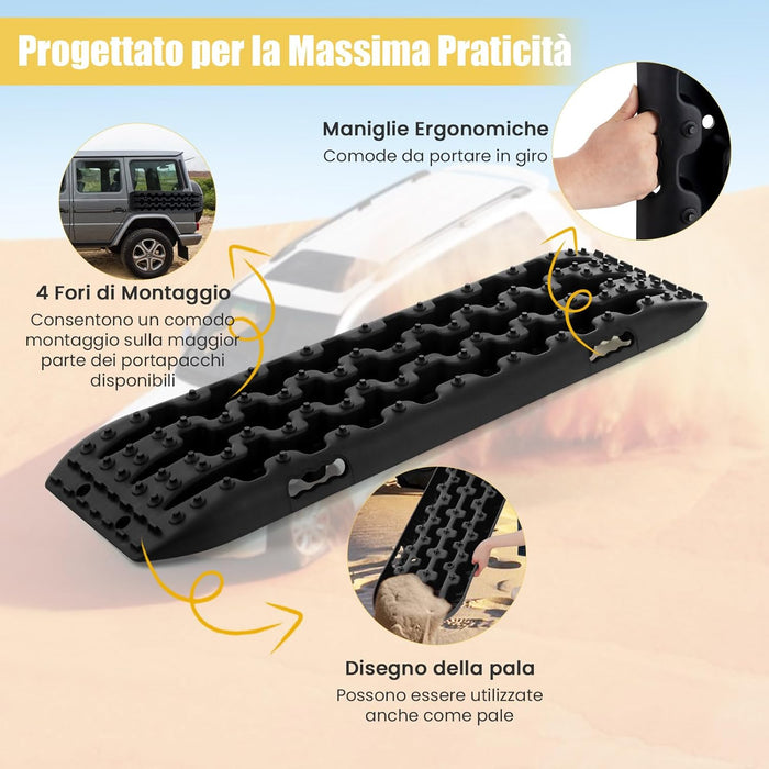 Tappetino di Trazione 2 Pezzi, Carico 10T, Piastre di Trazione per SUV Camper Auto Camion, Tavola di Recupero per Piste Offroad, per Sabbia, Neve, Fango (Nero, 107 x 31 x 7 cm)