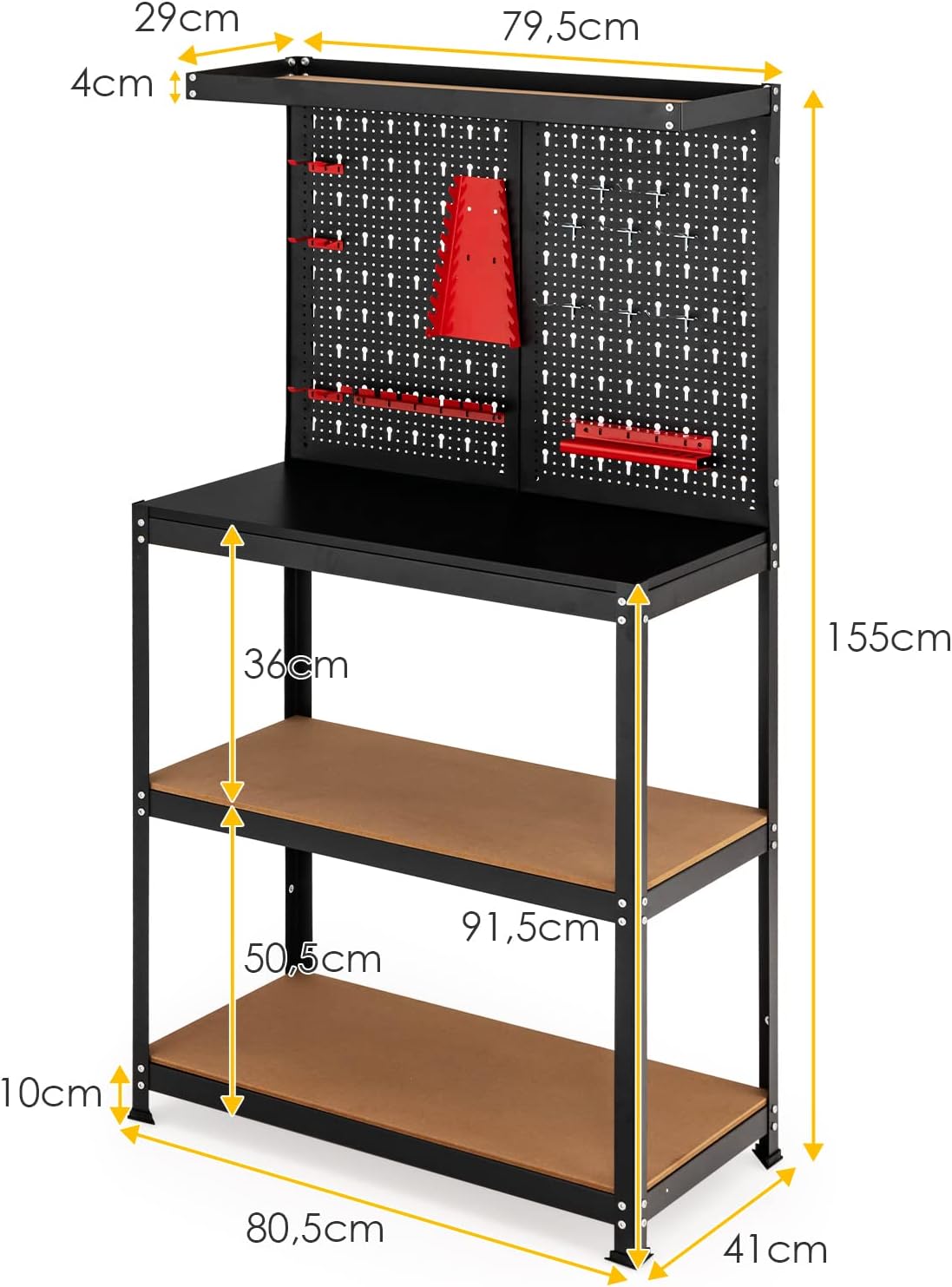 Banco da Lavoro, in Metallo e MDF, con 3 Ripiani, 13 Accessori da Appendere, 80,5 x 41x 155cm, per Garage, Casa, Officina e Magazzino