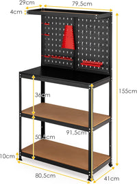 Banco da Lavoro, in Metallo e MDF, con 3 Ripiani, 13 Accessori da Appendere, 80,5 x 41x 155cm, per Garage, Casa, Officina e Magazzino