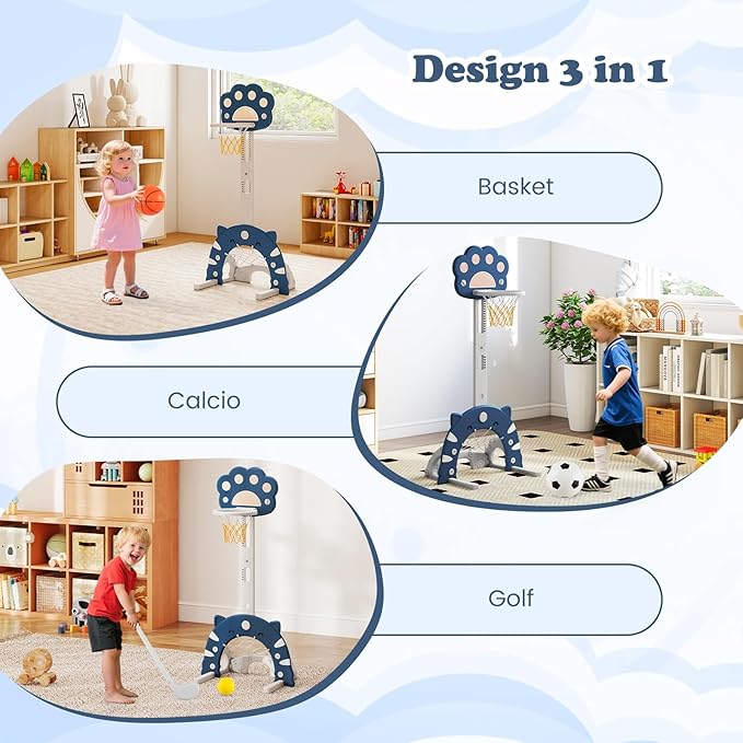 3 in 1 Canestro da Basket per Bambini, con Canestro Calcio e Golf, Cerchio Rimovibile e Pieghevole, Set da Gioco Regolabile per Interno ed Esterno, 3 Anni+ (Blu Scuro)