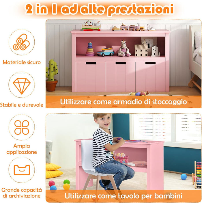 Armadio con 3 Cassetti, Scaffale di Legno con Ruote e Cubi per Giocattoli dei Bambini, Ampio Spazio, Organizer Durevole per Salone Camera da letto Camera dei bambini (Rosa)