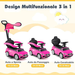 3 in 1 Auto a Spinta, Mercedes-Benz Macchina Cavalcabile, con Schienale Regolabile Suono Barra di Spinta e Tettuccio, per Bambini 18-36 Mesi (Rosa)