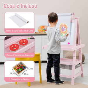 3 in 1 Cavalletto per Bambini con Doppia Faccia, Cavalletto per Disegno con 2 Vassoi e 2 Scatole, Lavagna Bambini in Legno (Rosa)
