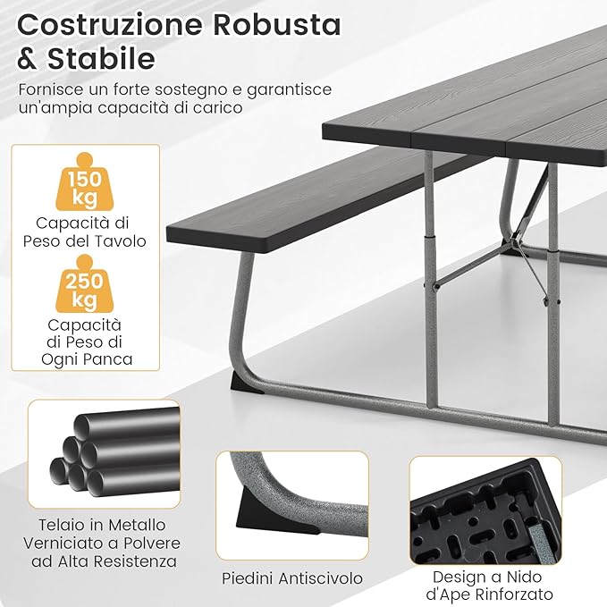 Tavolo da Picnic Pieghevole con 2 Panche, Set di Tavolo da 183 cm con Telaio in Metallo, Piano in HDPE, con Foro per Ombrellone, Tavolo da Pranzo da Giardino, Portata Totale 650 kg (Nero)