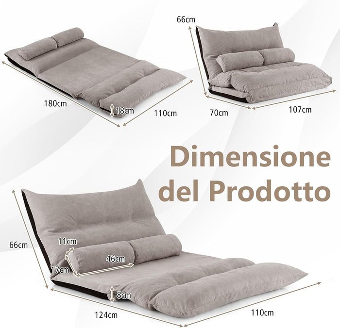 Divano da Terra Pieghevole, Divano Letto 2 Posti con Schienale Regolabile, Divano da Pavimento Trasformabile con 2 Cuscini per Camera da Letto Salone Balcone (Grigio)