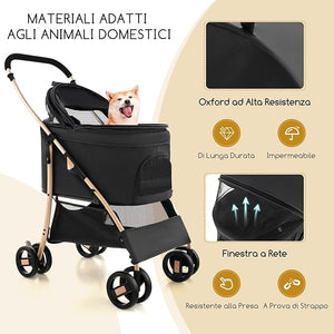 Passeggino per Cani Pieghevole 3 in 1, Carrello per Animali Domestici con Tettuccio Regolabile e Cesto, Trasportino a 4 Ruote per Cani di Piccola e Media Taglia (Nero)
