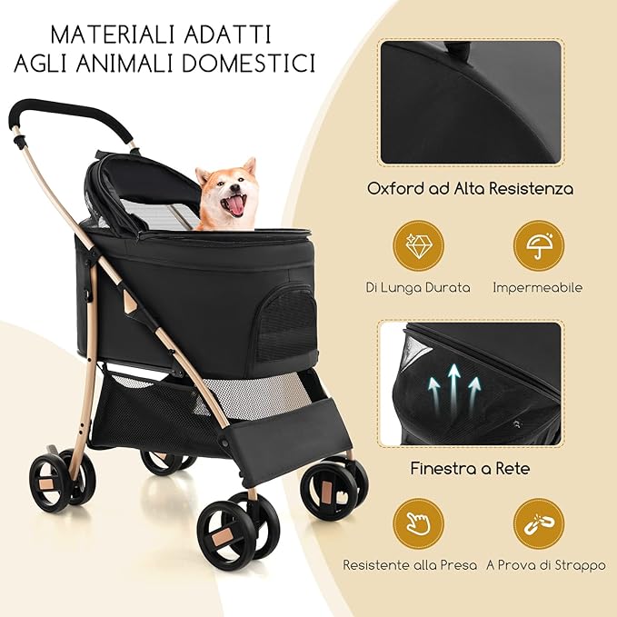 Passeggino per Cani Pieghevole 3 in 1, Carrello per Animali Domestici con Tettuccio Regolabile e Cesto, Trasportino a 4 Ruote per Cani di Piccola e Media Taglia (Nero)