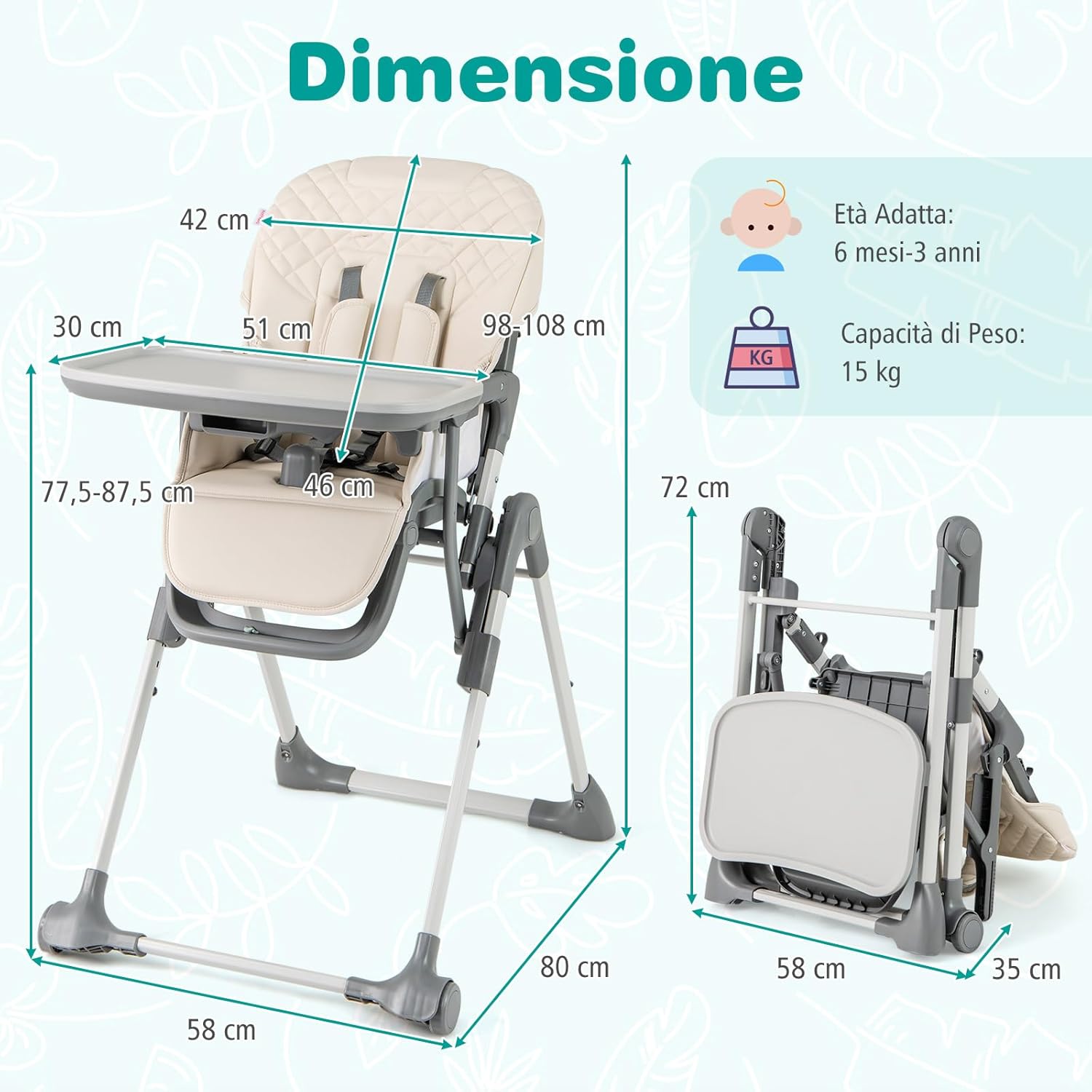 Seggiolone Pieghevole per Bambini, Portatile Regolabile con Poggiapiedi, Seggiolone con Vassoio Staccabile, Cuscino Sede in PU, Cintura di Sicurezzae Ruote Incorporate, Portata 15 kg (Beige)