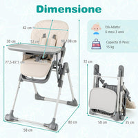 Seggiolone Pieghevole per Bambini, Portatile Regolabile con Poggiapiedi, Seggiolone con Vassoio Staccabile, Cuscino Sede in PU, Cintura di Sicurezzae Ruote Incorporate, Portata 15 kg (Beige)