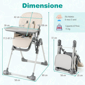 Seggiolone Pieghevole per Bambini, Portatile Regolabile con Poggiapiedi, Seggiolone con Vassoio Staccabile, Cuscino Sede in PU, Cintura di Sicurezzae Ruote Incorporate, Portata 15 kg (Beige)