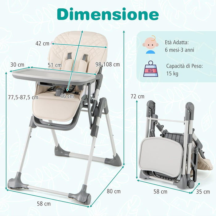 Seggiolone Pieghevole per Bambini, Portatile Regolabile con Poggiapiedi, Seggiolone con Vassoio Staccabile, Cuscino Sede in PU, Cintura di Sicurezzae Ruote Incorporate, Portata 15 kg (Beige)