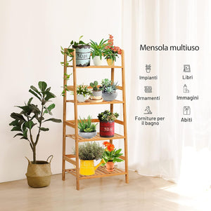 Scaffale per Piante in Bambù a 4 Ripiani, Scaffale Porta Vasi da Interno ed Esterno, Scaffale Portafiori per Balcone, Giardino e Cortile, 48 x 32 x 115 cm (Naturale)