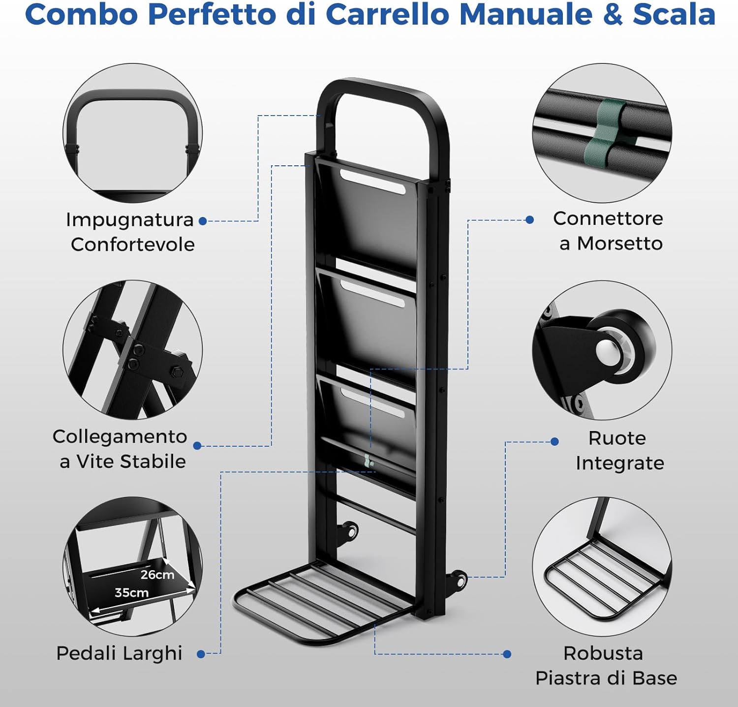 Scala a 3 Gradini Pieghevole con Ruote, 2 in 1 Scala e Carrello a Mano, Carrello a Mano con Ampie Pedane, Carrello Portapacchi a Scala in Metallo, Carico Massimo 250 kg