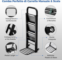 Scala a 3 Gradini Pieghevole con Ruote, 2 in 1 Scala e Carrello a Mano, Carrello a Mano con Ampie Pedane, Carrello Portapacchi a Scala in Metallo, Carico Massimo 250 kg