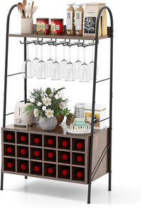 Scaffale da Cucina con Portabottiglie Staccabile e 5 Supporti per Calici, 2 Ripiani, Sistema Antiribaltamento, Mobile da Bar per Cucina, Sala da Pranzo, Bar, Marrone