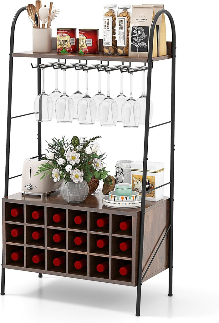 Scaffale da Cucina con Portabottiglie Staccabile e 5 Supporti per Calici, 2 Ripiani, Sistema Antiribaltamento, Mobile da Bar per Cucina, Sala da Pranzo, Bar, Marrone