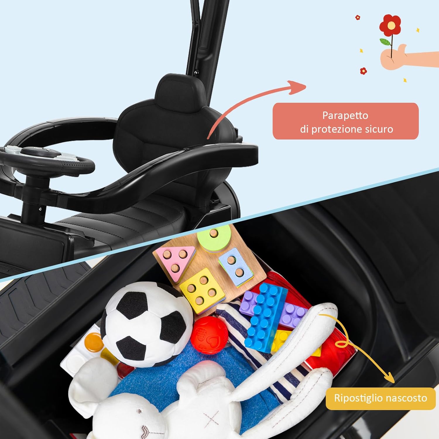 Auto a Spinta per Bambini, Macchina Cavalcabile a Spinta con Tettuccio Regolabile Maniglia per Genitori Paracolpi, Ideale per Bambini 12-36 Mesi (Nero)