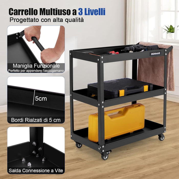 Carrello Portautensili a 3 Livelli, Carrello Metallico Resistente con 3 Ripiani, 4 Ruote Universali con 2 Freni, per Garage, Casa, Magazzino, 73 x 36 x 75 cm (Nero)