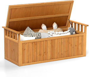 Baule Cassapanca 210 Litri in Legno di Abete, Baule Contenitore da Giardino con Pannello Inferiore Staccabile, Cassapanca Multiuso di Stoccaggio a 2 Posti con 2 Braccioli, da Interno e Esterno