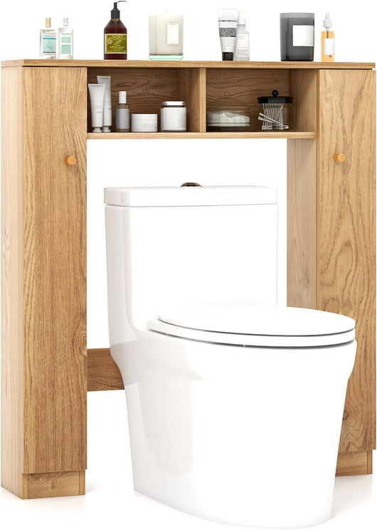 Scaffale Sopra WC, Mobile per Bagno con Doppia Anta, 2 Scomparti Aperti e 4 Ripiani Regolabili, Scaffale Salvaspazio da Terra per Bagno Lavanderia, 87,5x18x98 cm (Naturale)