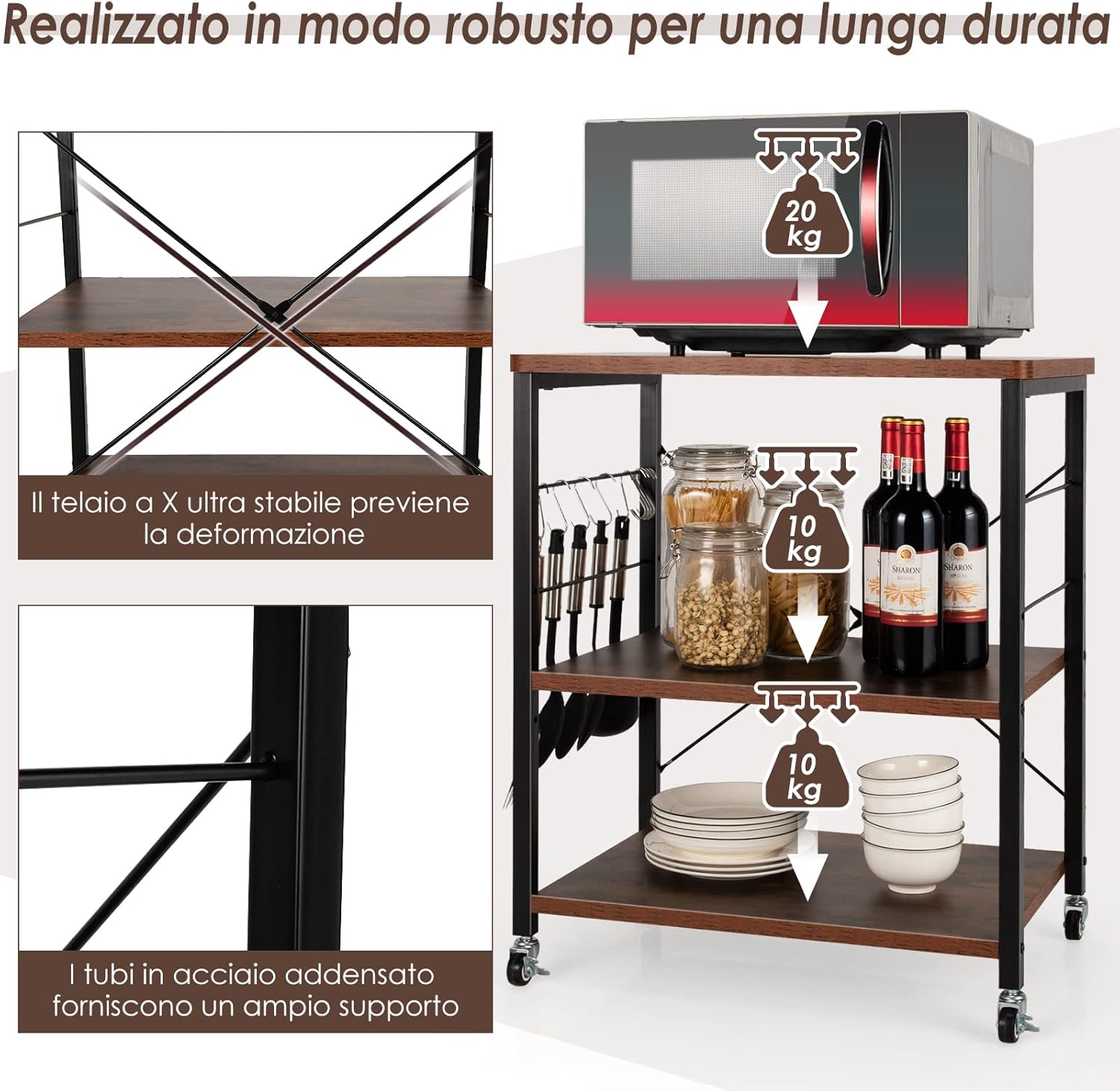 Carrello da Cucina con 10 Ganci Rimovibili, Scaffale per Pasticceria con 3 Livelli, Scaffale con Struttura di Metallo con Ruote Bloccabili per Bar Ristorante Hotel, 60 x 40 x 73,5 cm (Marrone)