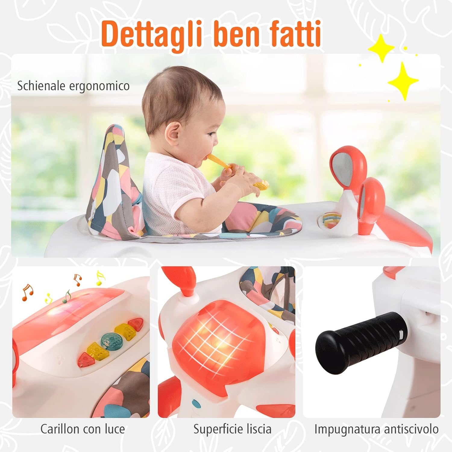 Girello per bambini 2 in 1, Girello con Altezza e Velocità Regolabili, Carillon con Luci e Cuscino Comodo, Primi Passi per Bambini 6-18 Mesi, Capacità di carico: 15 kg (Arancia)