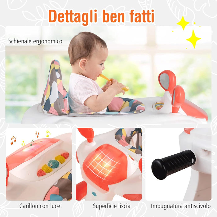 Girello per bambini 2 in 1, Girello con Altezza e Velocità Regolabili, Carillon con Luci e Cuscino Comodo, Primi Passi per Bambini 6-18 Mesi, Capacità di carico: 15 kg (Arancia)
