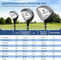 Set Completo di Mazze da Golf per Mancini da Uomo, Borsa Portatile con Supporto e Cappuccio Antipioggia, Include Driver 1 da 460CC, Fairway 3, Ibrido 4, Ferri 6, 7, 8, 9, P e Putter (Grigio)