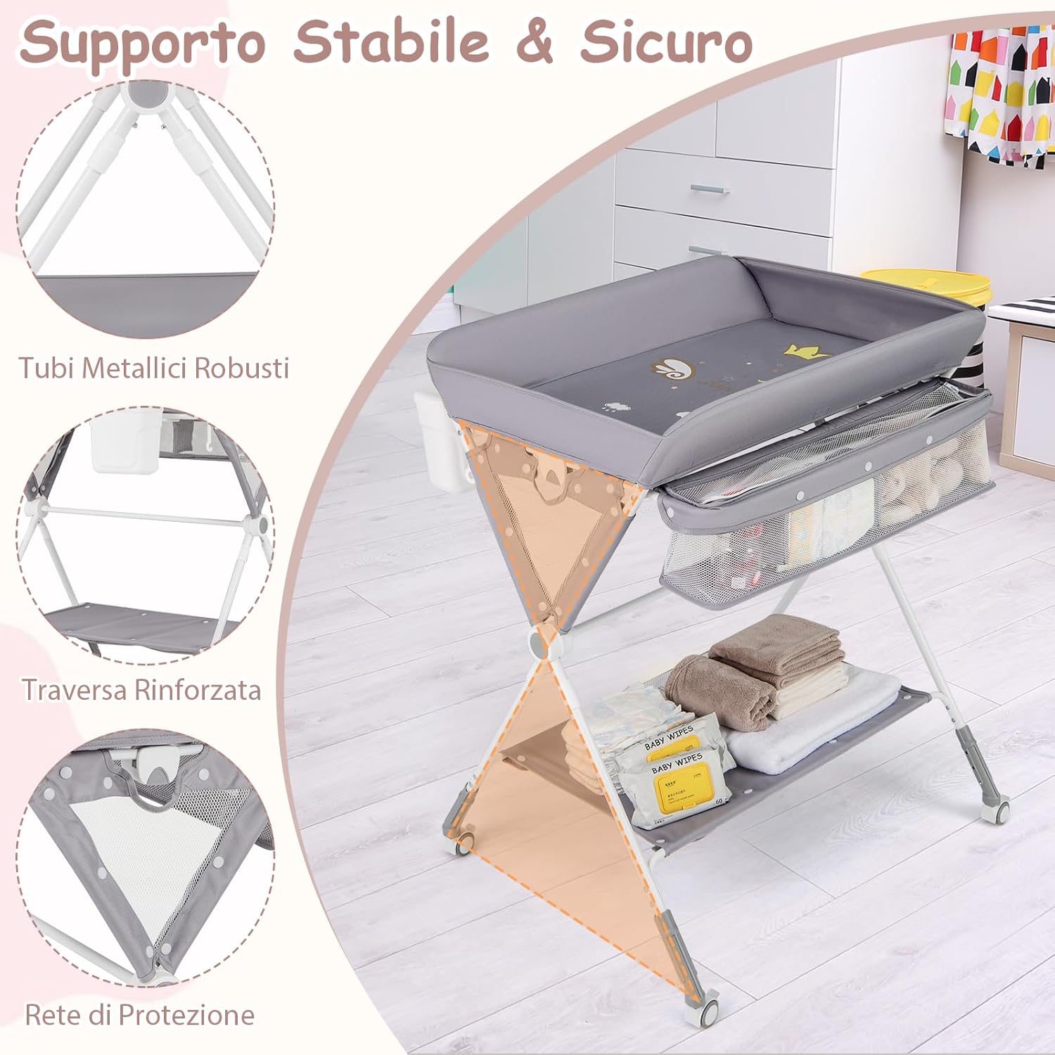 Fasciatoio Neonato Pieghevole, Fasciatoio Portatile con Altezza Regolabile a 3 Livelli, Fasciatoio Neonato con Ruote di Bloccabili, Ripiano, Porta Asciugamani, Cestino di Rifiuti (Grigio)