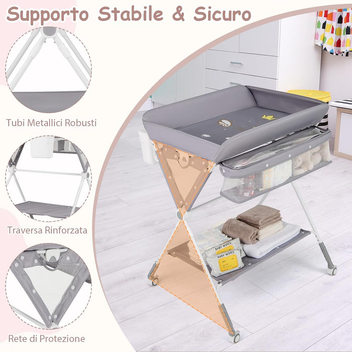 Fasciatoio Neonato Pieghevole, Fasciatoio Portatile con Altezza Regolabile a 3 Livelli, Fasciatoio Neonato con Ruote di Bloccabili, Ripiano, Porta Asciugamani, Cestino di Rifiuti (Grigio)