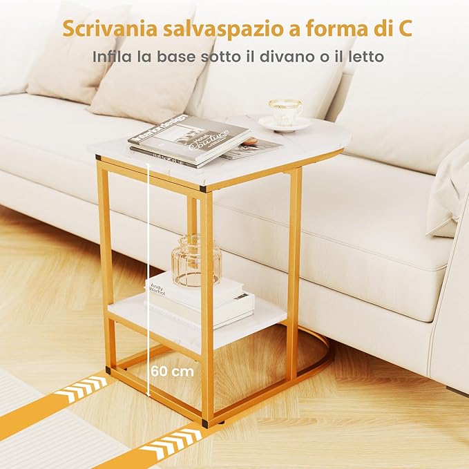 Tavolino a Forma di C, Tavolino Moderno da Divano con Piano in Marmo Finto e Mensola, Tavolo a 2 Livelli con Struttura in Metallo per Soggiorno, Camera da Letto