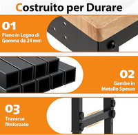 Banco da Lavoro Regolabile in Altezza 74-104 cm, Tavolo da Lavoro in Legno di Gomma, con Ruote Bloccabili, 2 Pannelli Laterali Forati, Stazione di Lavoro per Officina, Garage, Capacità 1100 kg