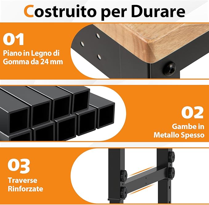 Banco da Lavoro Regolabile in Altezza 74-104 cm, Tavolo da Lavoro in Legno di Gomma, con Ruote Bloccabili, 2 Pannelli Laterali Forati, Stazione di Lavoro per Officina, Garage, Capacità 1100 kg